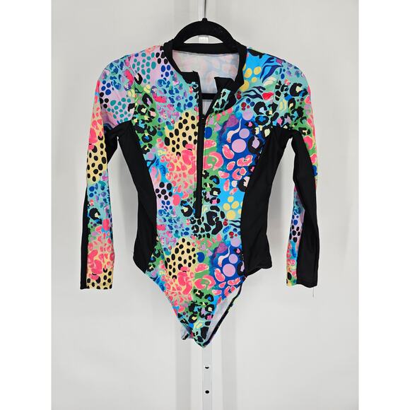 Womens Sz M Long Sleeve One Piece Swimsuit Bright Neon Leopard Cheetah Print - Picture 1 of 4